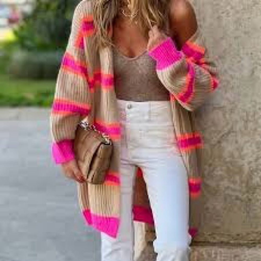 Fine Knit Striped Long Drop Sleeves Open-Front Mid-length Oversized Cardigan